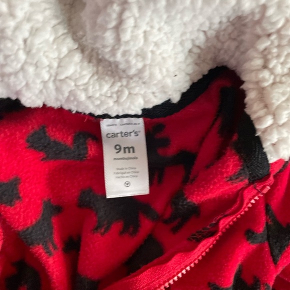 Carters baby Red and Black animal pattern fleece onesie with hoodie size 9M - Picture 5 of 5